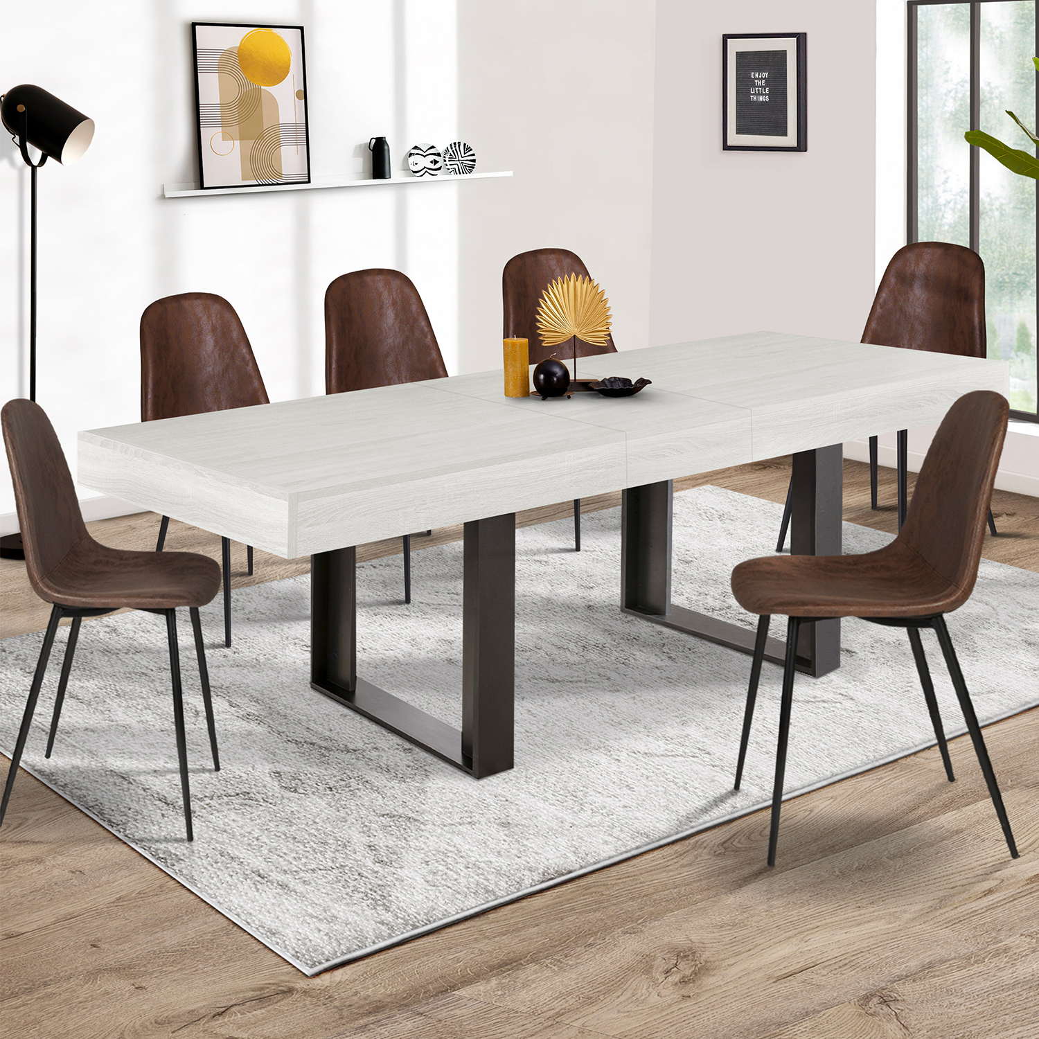 Table à manger 4 à 8 personnes bois gris et pieds gris foncé