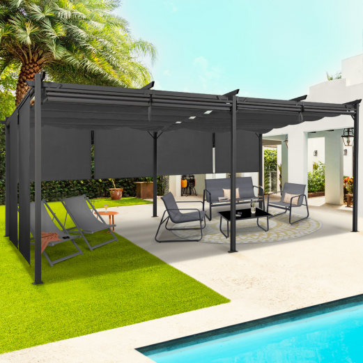 Pérgola edición especial con techo retráctil 3x6 m y 6 toldos gris antracita