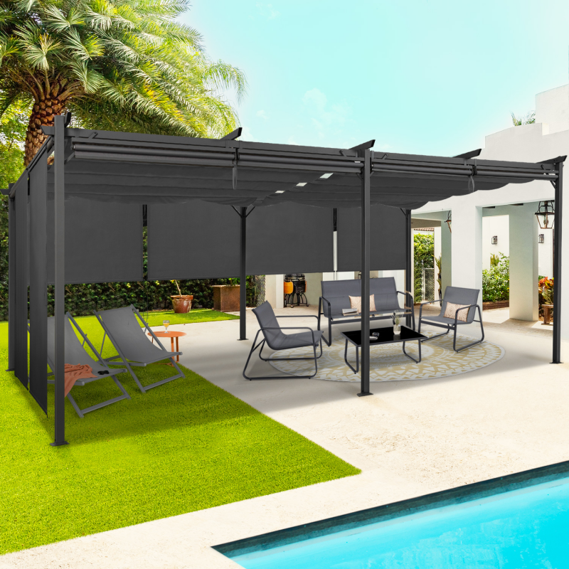 Pergola adossée en aluminum 13,2 m² anthracite - dim L436 x P305 x H240/285  cm ALVARO