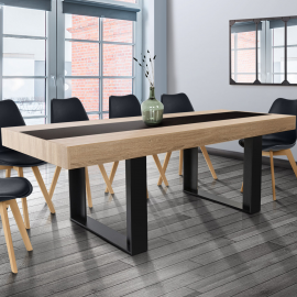 Table à manger PHOENIX 10 personnes bois et noir bande centrale noire 225 cm Table à manger PHOENIX 10 personnes bois et noir bande centrale noire 225 cm