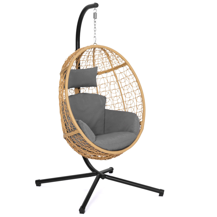 Fauteuil oeuf suspendu ajouré effet rotin avec coussin gris Fauteuil oeuf suspendu ajouré effet rotin avec coussin gris