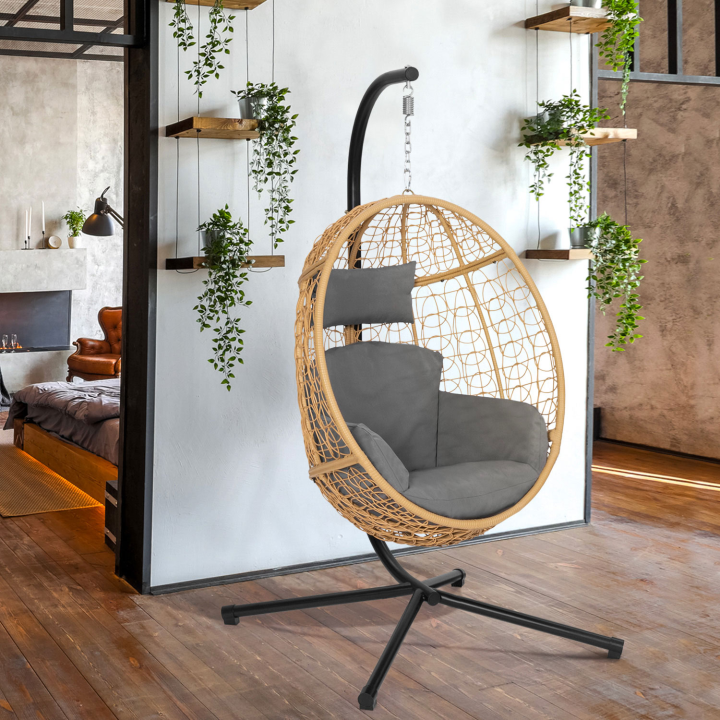 Fauteuil oeuf suspendu ajouré effet rotin avec coussin gris Fauteuil oeuf suspendu ajouré effet rotin avec coussin gris