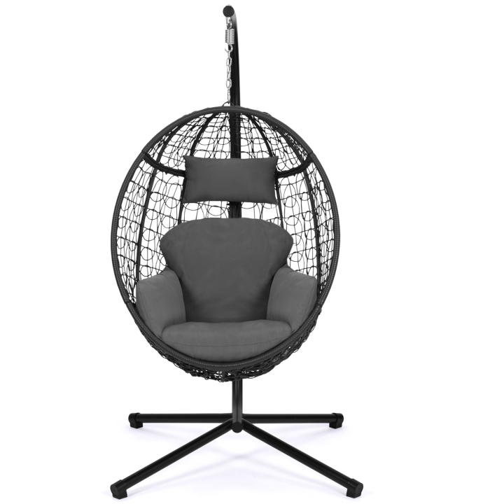 Fauteuil oeuf suspendu ajouré effet rotin noir avec coussin gris Fauteuil oeuf suspendu ajouré effet rotin noir avec coussin gris