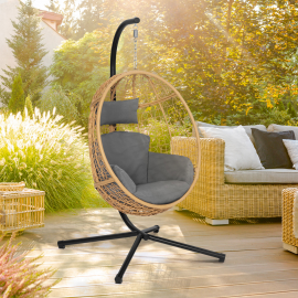 Fauteuil oeuf suspendu ajouré effet rotin avec coussin gris Fauteuil oeuf suspendu ajouré effet rotin avec coussin gris