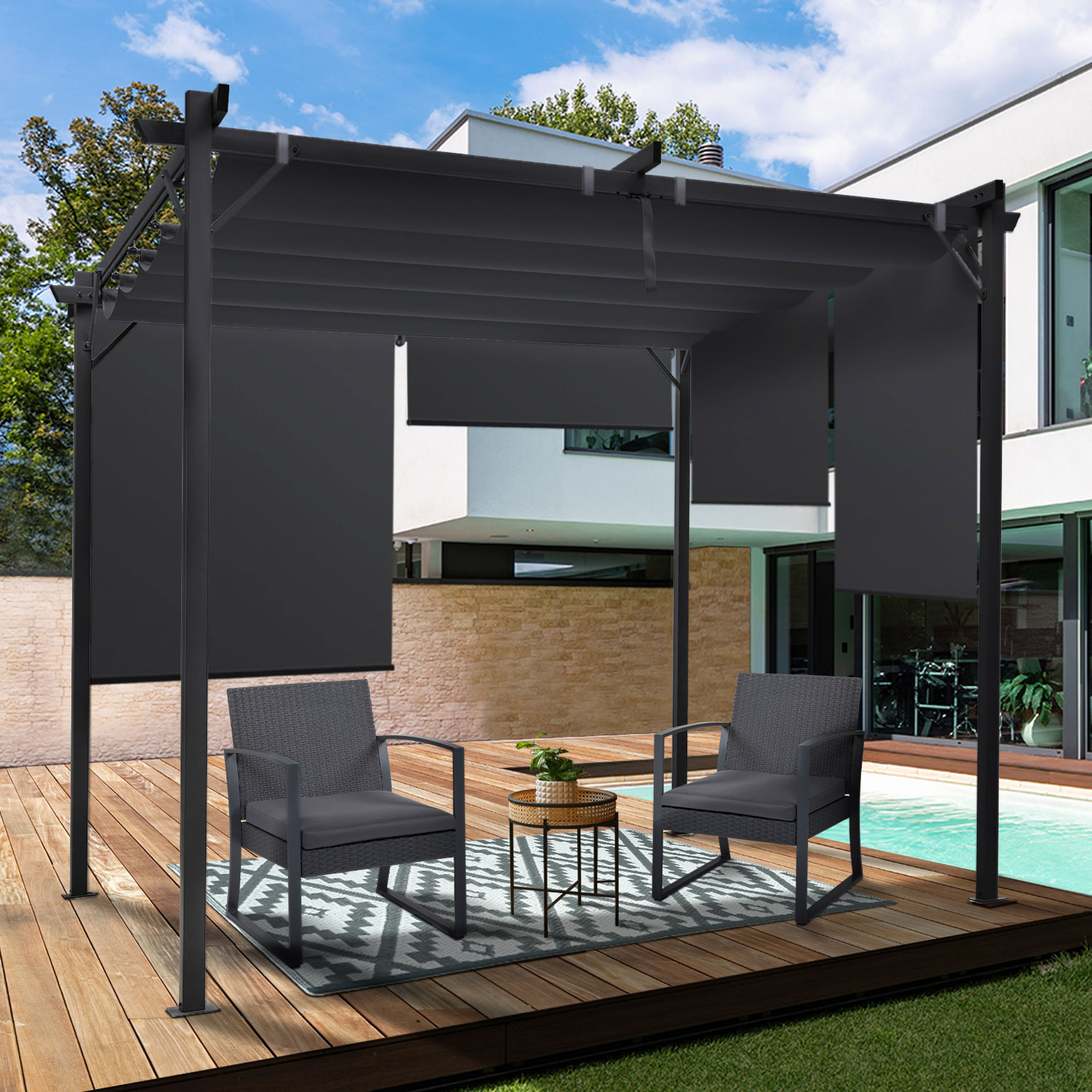 Pergola 3x3 m toit rétractable gris anthracite et stores enrouleurs