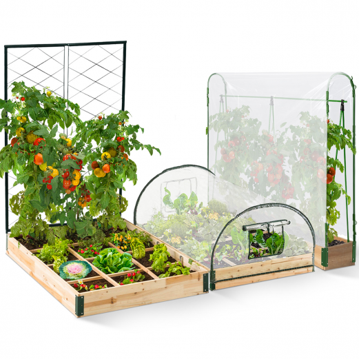 Kit complet carrés potagers serres à tomates 3 bacs + treillis + housse