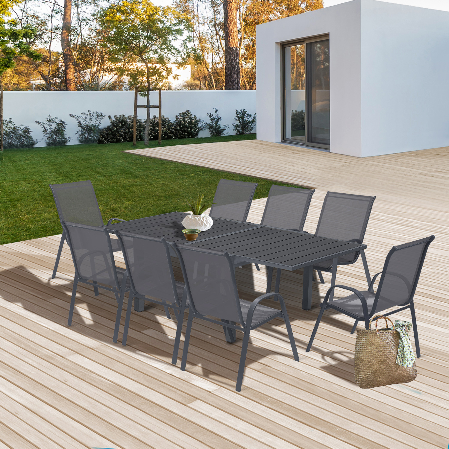 Table de jardin extensible avec rallonge et 8 chaises empilables