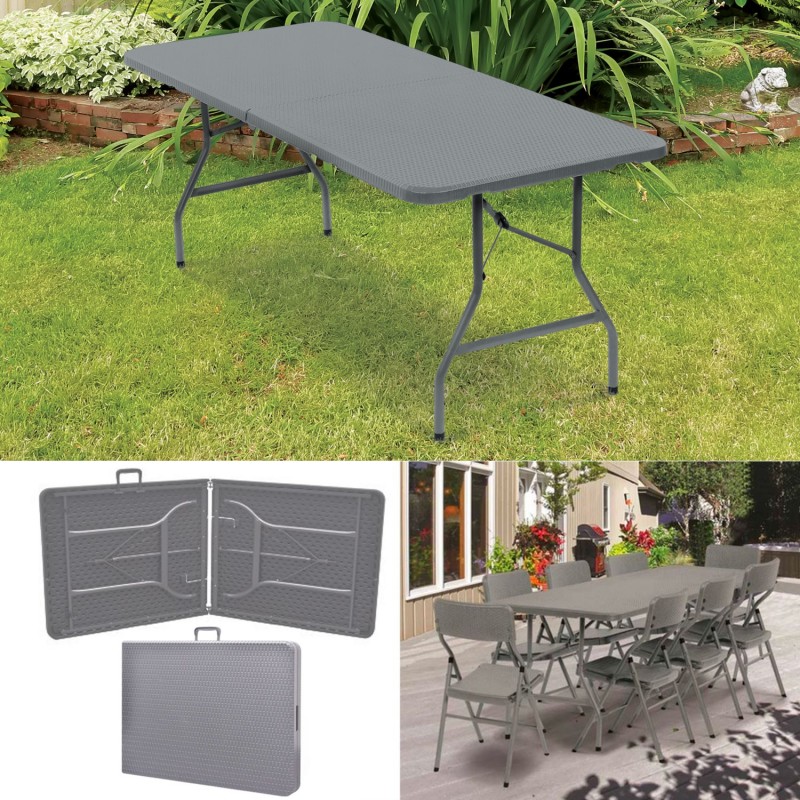 Table pliante d'appoint effet résine tressée grise 180 cm pour camp...