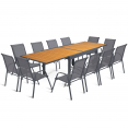 Salon de jardin POLY extensible table 135-270 CM et 12 chaises bois et gris foncé