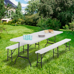 12608 - Table pliante portable blanche 1m80 et 2 bancs pliables Table pliante d'appoint portable 180 CM et 2 bancs pliables pour camping ou réception