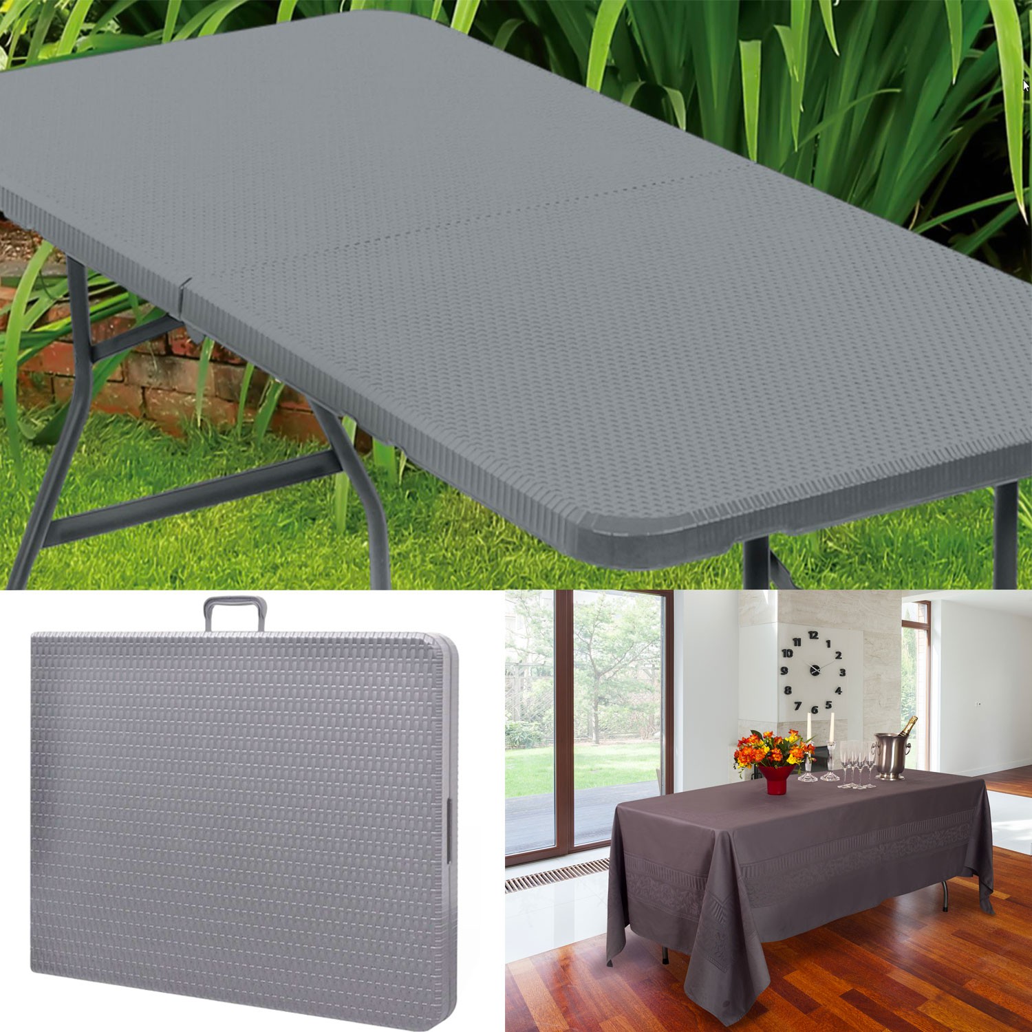 Table Pliante Rectangulaire Casaria 180 Cm - Effet Polyrotin - Pour 8 Personnes - Jardin, Camping, Fête