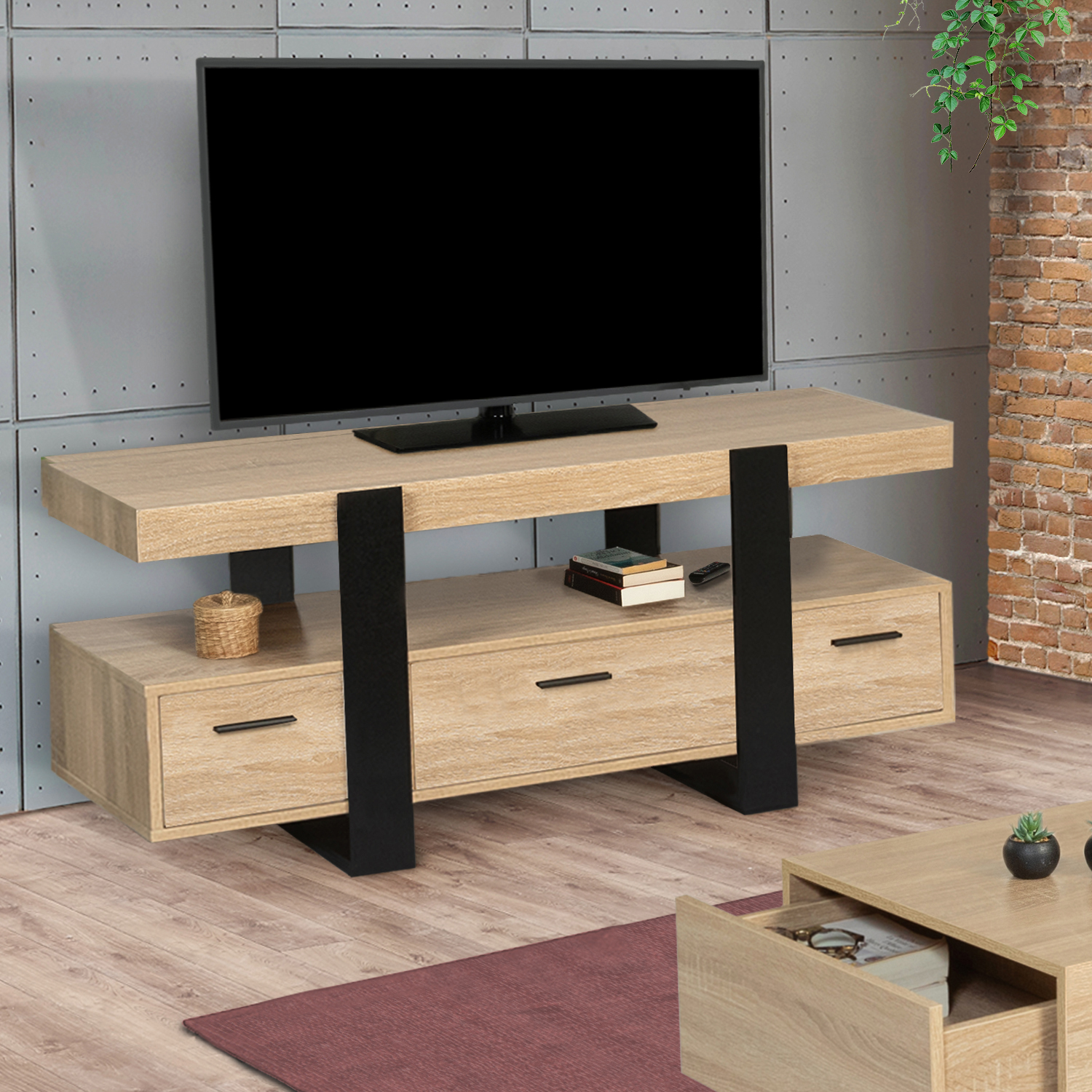 Meuble TV pas cher noir et bois avec tiroirs - PHOENIX
