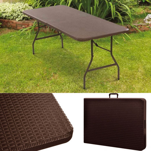 Table pliante d'appoint effet résine tressée marron 180 cm pour camping ou réception Table pliante d'appoint effet résine tressée marron 180 cm pour camping ou réception