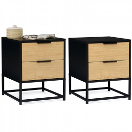 Lot de 2 tables de chevet NEVADA 2 tiroirs design industriel noir et bois