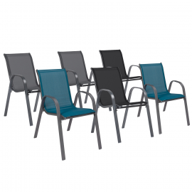 Lot de 6 chaises de jardin LYMA métal et textilène empilables gris, noir et bleu Lot de 6 chaises de jardin LYMA métal et textilène empilables gris, noir et bleu