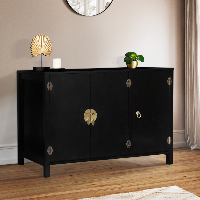 Meuble buffet noir avec cheminée décorative pour salle à manger