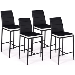 15392 - Set di 4 sgabelli da bar in PVC nero con fascia bianca Lot de 4 tabourets ROMANE en PVC noirs bandeau blanc, chaises de bar rembourrées
