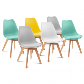 Lot de 6 chaises SARA mix color pastel jaune, blanc, gris clair x2, vert mentholé x2