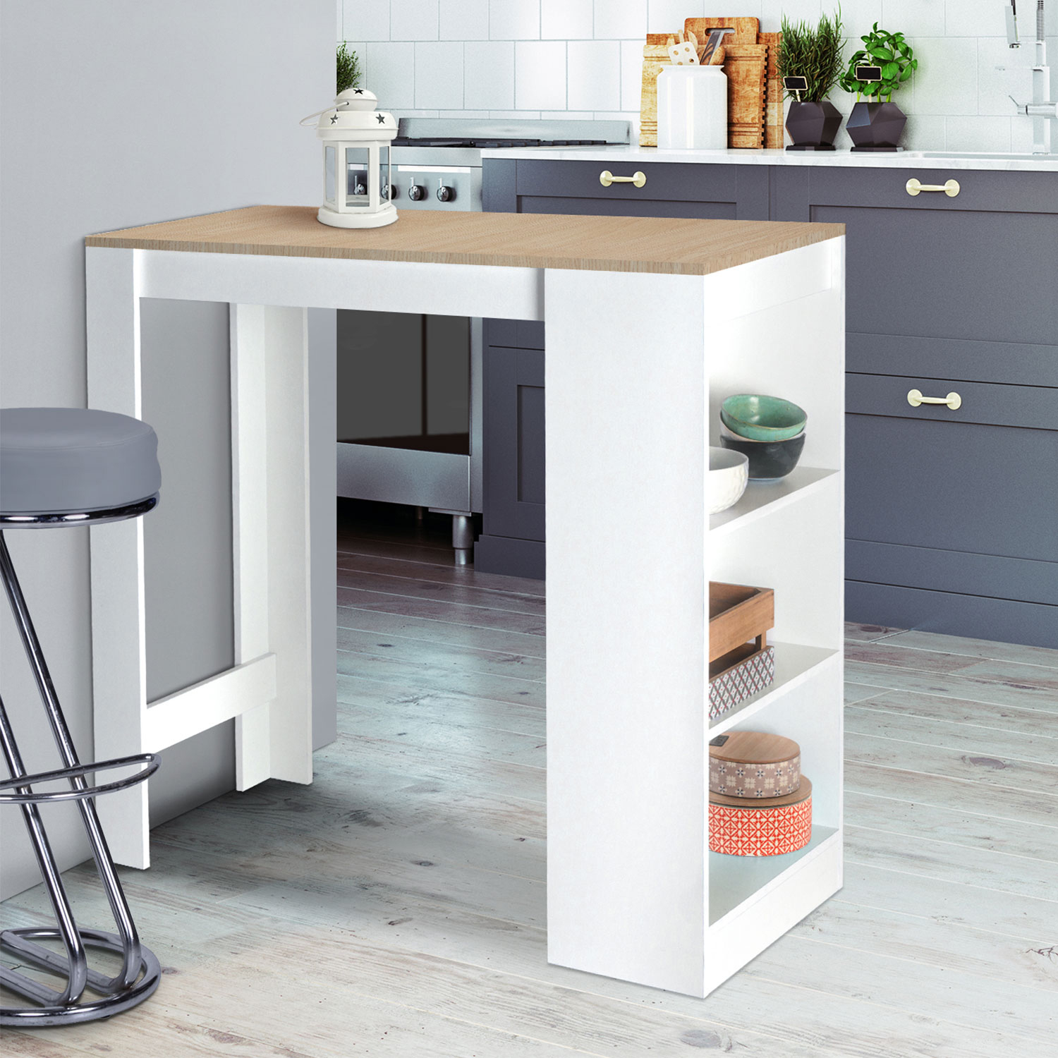 Table de bar haute 2 à 4 personnes bois blanc et imitation hêtre