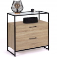 Commode 2 tiroirs SOLANO plateau en verre et pied métal design industriel
