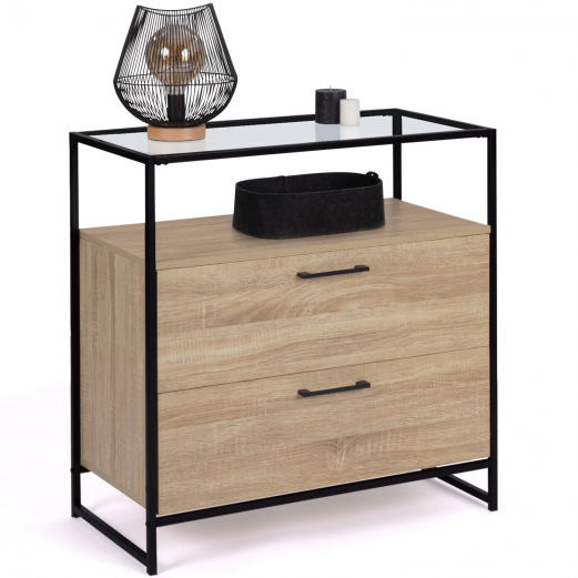 Commode 2 tiroirs SOLANO plateau en verre et pied métal design industriel