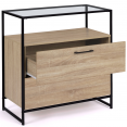 Commode 2 tiroirs SOLANO plateau en verre et pied métal design industriel