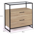 Commode 2 tiroirs SOLANO plateau en verre et pied métal design industriel