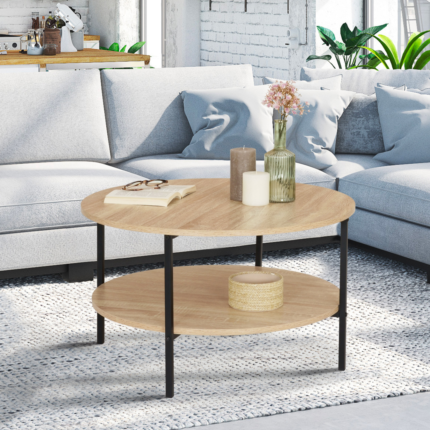 Industrieller runder Couchtisch mit doppelter Tischplatte 70cm - DETROIT