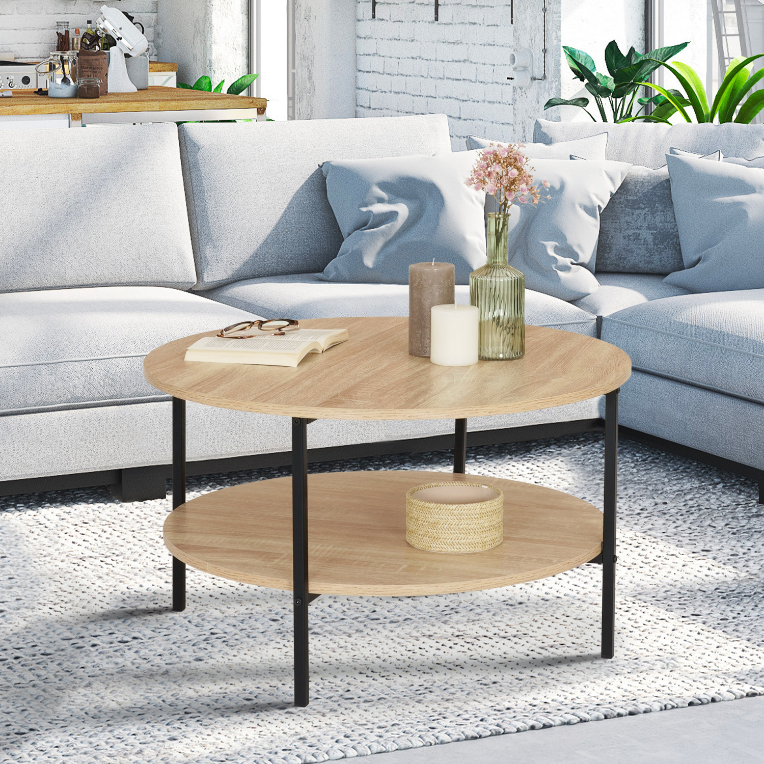 Table basse ronde double plateau style industriel 70 cm