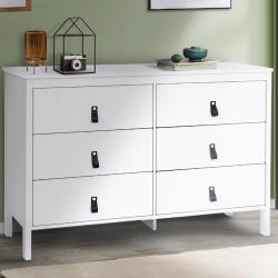 15409 - Cassettone bianco a 6 cassetti con maniglie effetto pelle nera Commode 6 tiroirs MILANO bois blanc
