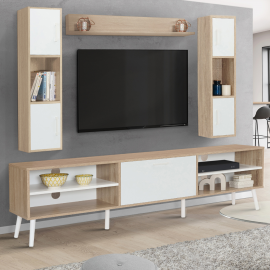 Ensemble meuble TV 180 cm et étagères HOUSTON bois et blanc