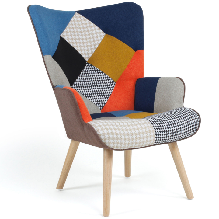 Fauteuil scandinave IVAR en tissu patchwork multicouleurs et imprimé pied de poule Fauteuil scandinave IVAR en tissu patchwork multicouleurs et imprimé pied de poule