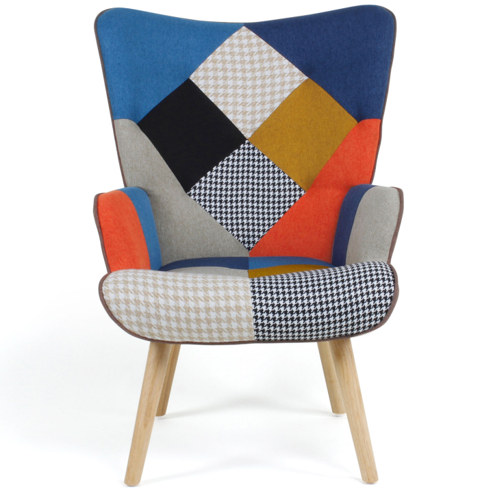 Fauteuil scandinave IVAR en tissu patchwork multicouleurs et imprimé pied de poule Fauteuil scandinave IVAR en tissu patchwork multicouleurs et imprimé pied de poule