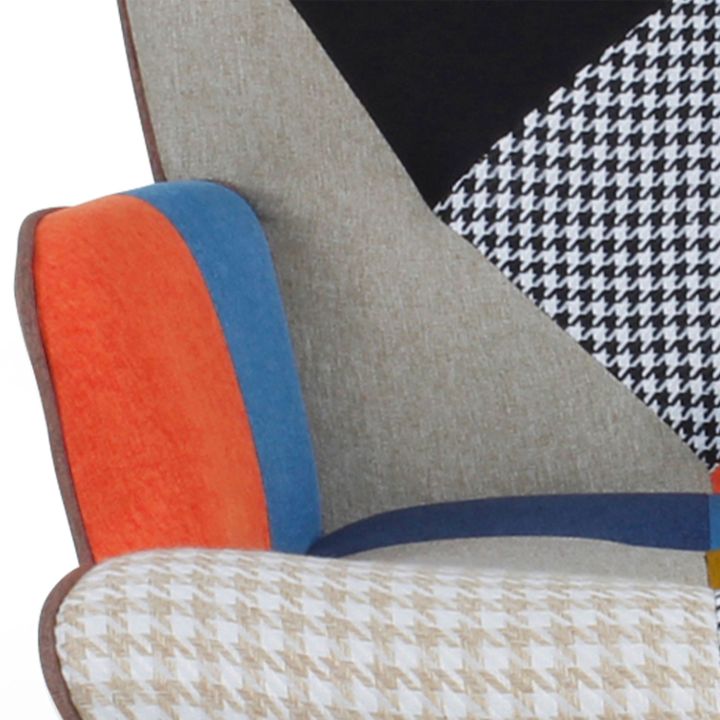 Fauteuil scandinave IVAR en tissu patchwork multicouleurs et imprimé pied de poule Fauteuil scandinave IVAR en tissu patchwork multicouleurs et imprimé pied de poule