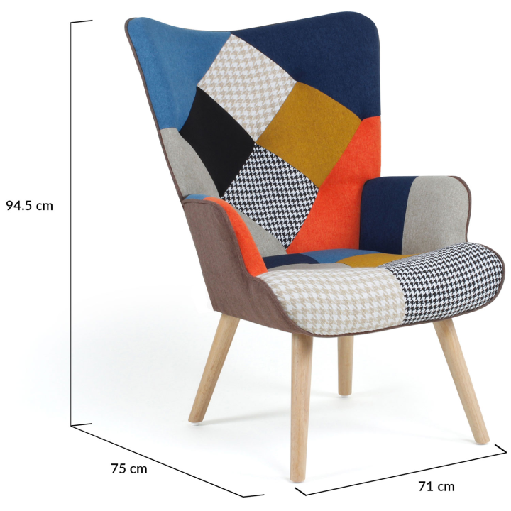Fauteuil scandinave IVAR en tissu patchwork multicouleurs et imprimé pied de poule Fauteuil scandinave IVAR en tissu patchwork multicouleurs et imprimé pied de poule