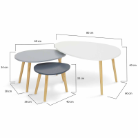 Tables Basses Gigognes Scandinaves - Lot De 3 Ovales Blanc & Gris - MDF & Bois