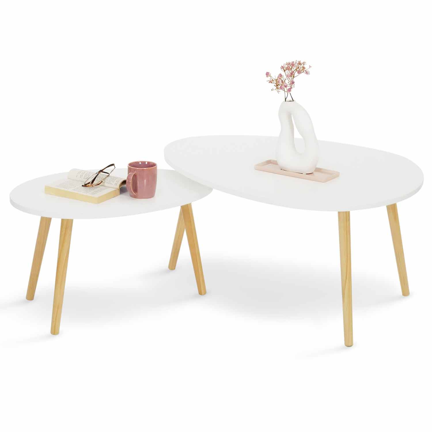 Tables Gigognes Blanches 2 Pièces Bois Pin Massif, Style Panama, Neuves