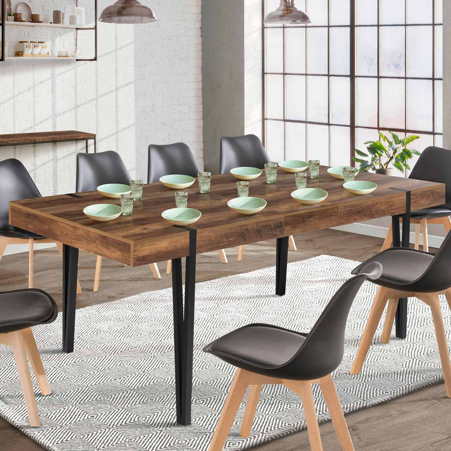 Table à manger bois foncé extensible 6-10 personnes avec pied épingle
