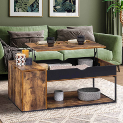 15549 - Tavolino da caffè con piano rialzabile in stile industriale con effetto legno distorto Table basse plateau relevable CHICAGO avec coffre design industriel