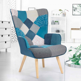 Fauteuil scandinave IVAR en tissu patchwork et velours bleu