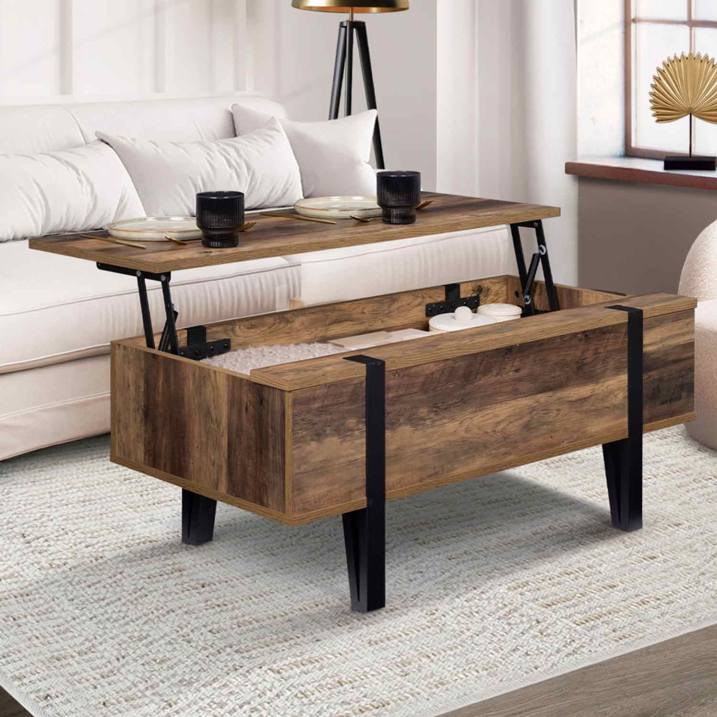 Table basse plateau relevable rectangulaire bois et blanc - ELIAD