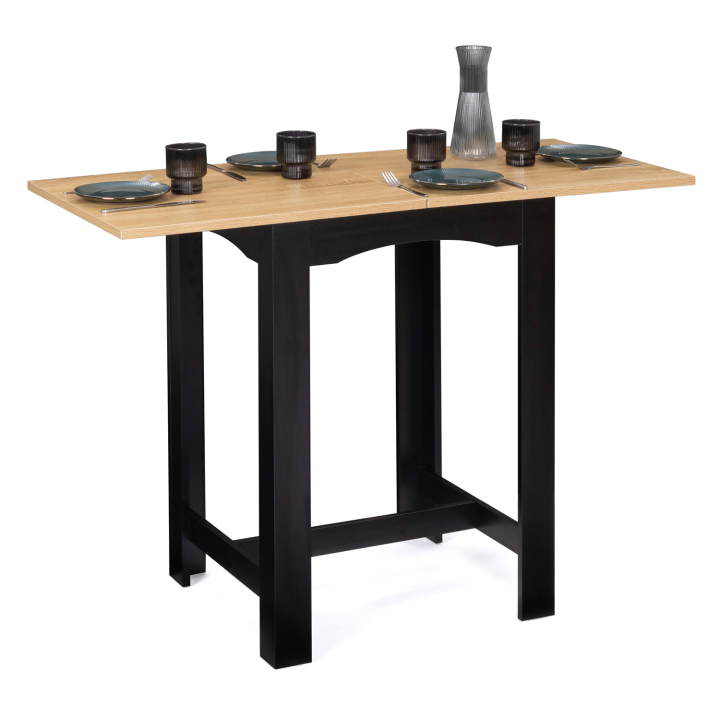 Table haute de bar extensible DONA 4 à 6 personnes noire plateau façon hêtre 65-130 cm Table haute de bar extensible DONA 4 à 6 personnes noire plateau façon hêtre 65-130 cm
