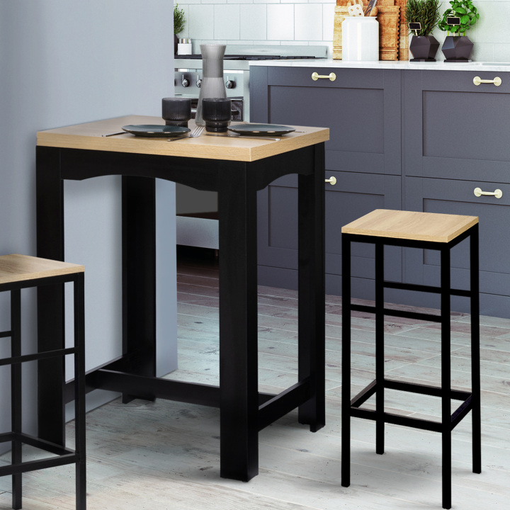 Table haute de bar extensible DONA 4 à 6 personnes noire plateau façon hêtre 65-130 cm Table haute de bar extensible DONA 4 à 6 personnes noire plateau façon hêtre 65-130 cm
