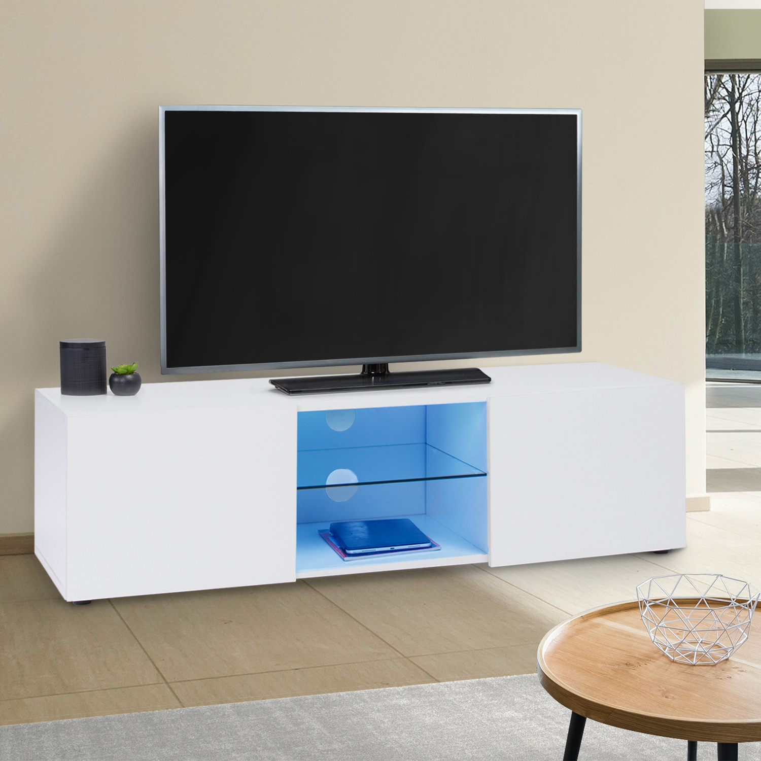 Meuble TV ELI blanc étagère en verre avec LED 113 cm IDMarket