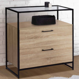 Commode 2 tiroirs SOLANO avec plateau en verre design industriel Commode 2 tiroirs SOLANO avec plateau en verre design industriel
