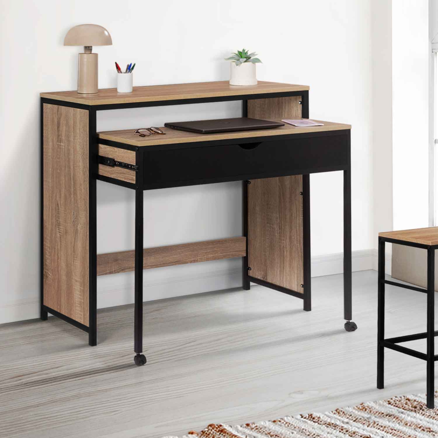 Bureau extensible industriel bois et métal noir - BOSTON | IdMarket France