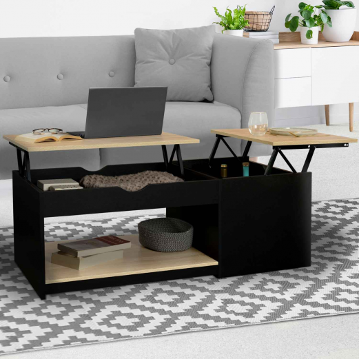 Table basse double plateau relevable EYLA avec coffre bois noir et façon hêtre