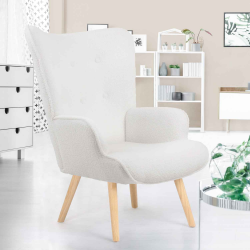 15436 - Poltrona bianca a ricciolo in stile scandinavo Fauteuil scandinave IVAR en tissu bouclette blanc cassé