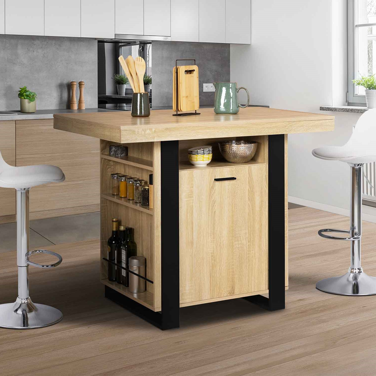 Îlot central industriel bois noir et imitation hêtre 110 cm