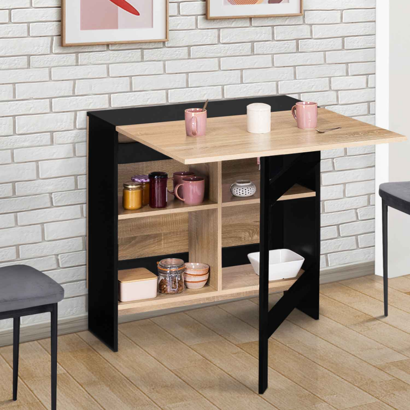 Table console pliante noire plateau bois double rangement - EDI